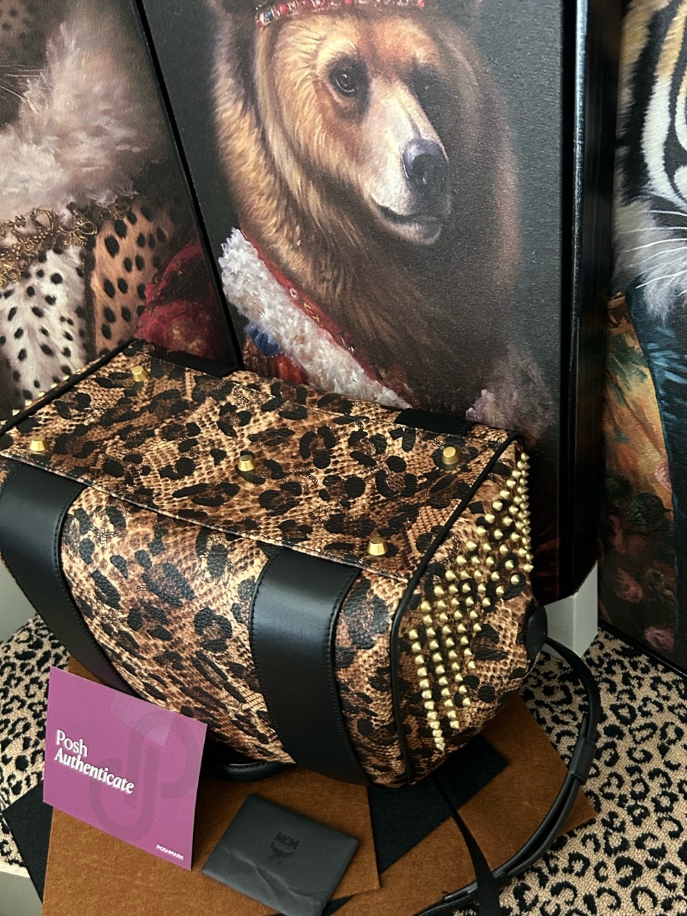 MCM Authentic Leopard Print Studded Clean Keana Crossbody Boston Bag - Picture 5 of 10